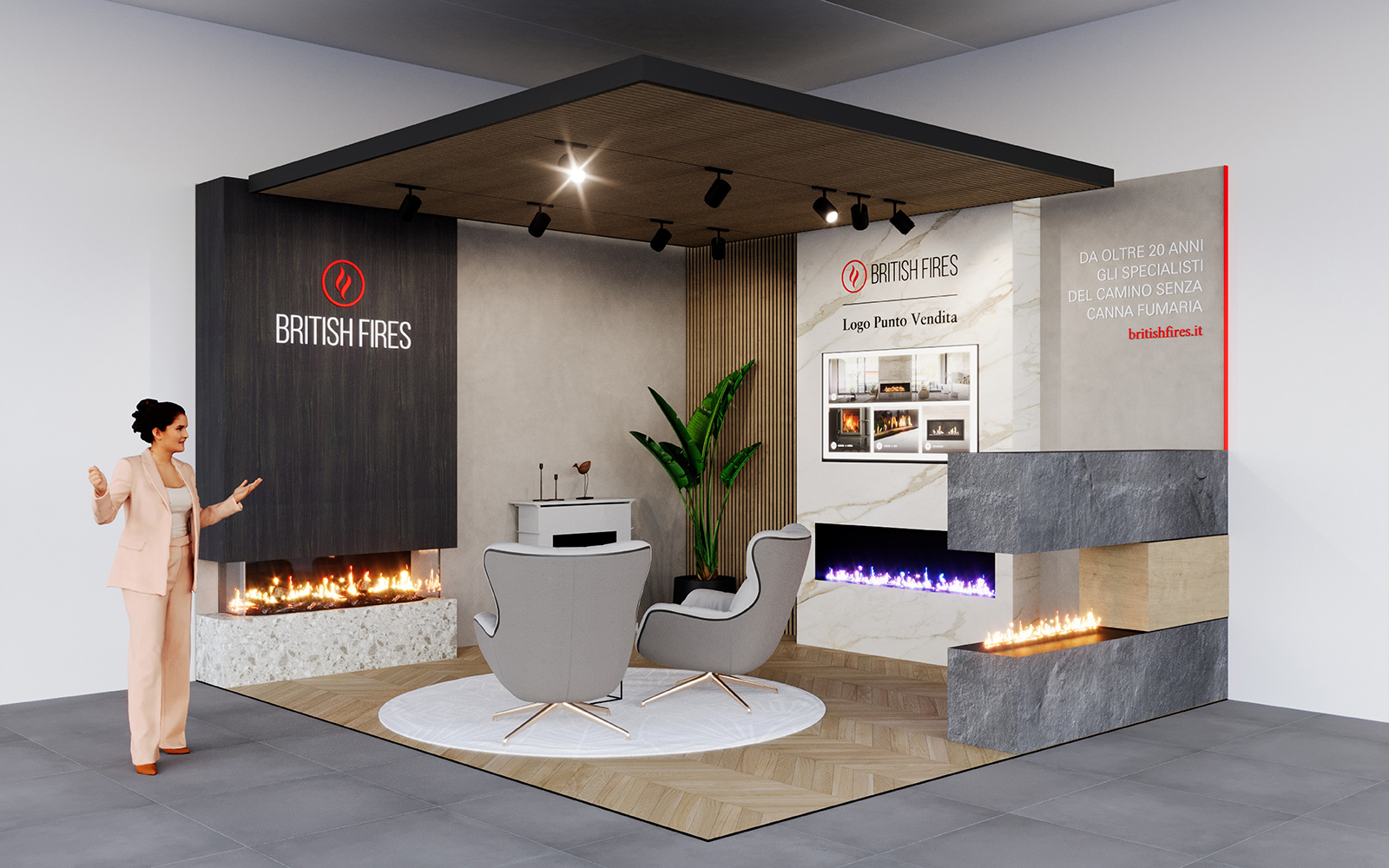 Render 3D progettazione ed allestimento format Corner di dimensione 18mq.